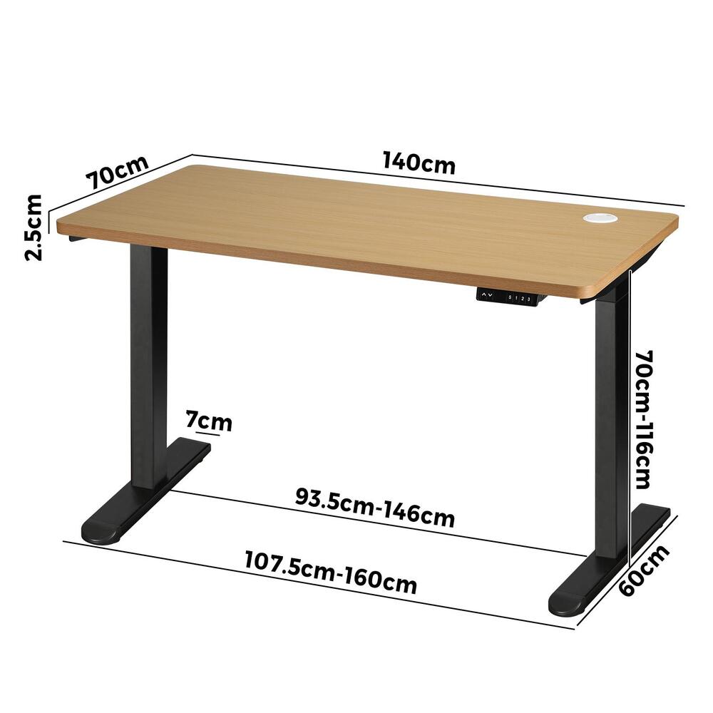 Oikiture Standing Desk Dual Motor Electric Height Adjustable Sit Stand Table - Black/Oak - 1400mm x 700mm