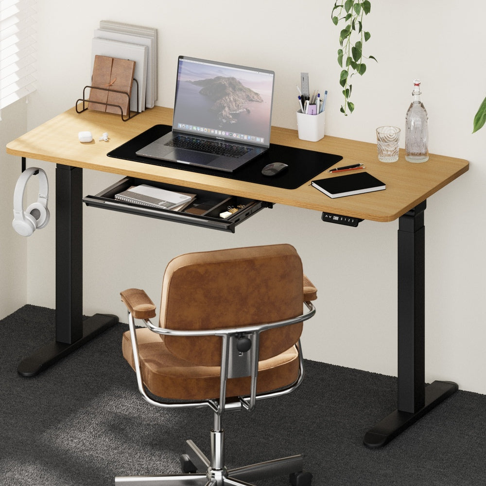 Oikiture 150cm Electric Standing Desk with Drawer Adjustable Black Oak-Standing Desk-PEROZ Accessories