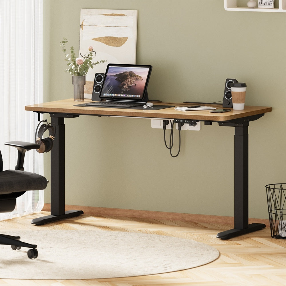 Oikiture Standing Desk Wireless Charging Dual Motor 140CM Black &amp; Oak-Standing Desk-PEROZ Accessories