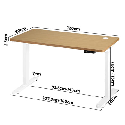 Oikiture Standing Desk Dual Motor Electric Height Adjustable Sit Stand Table - White/Oak - 1200mm x 600mm-Office Desks-PEROZ Accessories