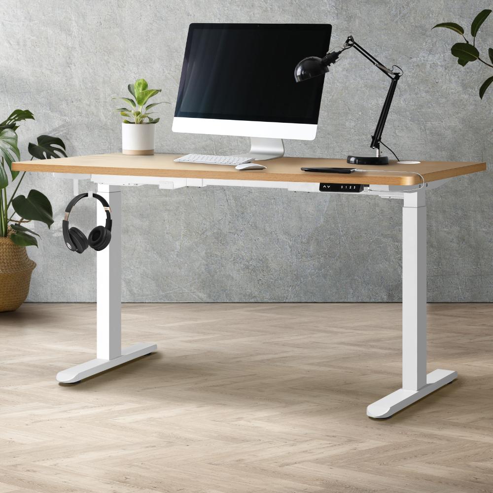 Oikiture Standing Desk Electric Height Adjustable Motorised Sit Stand Desk Rise - White/Oak - 1500mm x 750mm-Standing Desks-PEROZ Accessories