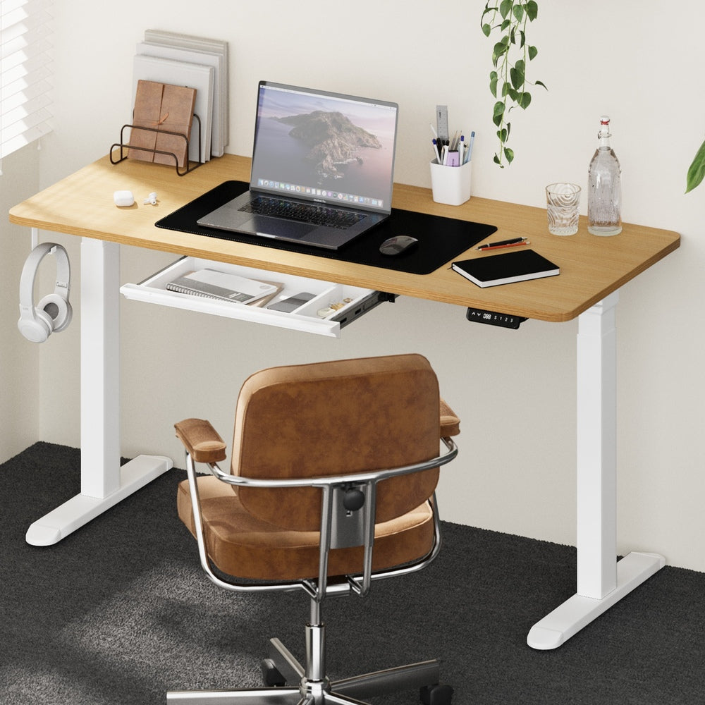 Oikiture 150cm Electric Standing Desk with Drawer Adjustable White Oak-Standing Desk-PEROZ Accessories