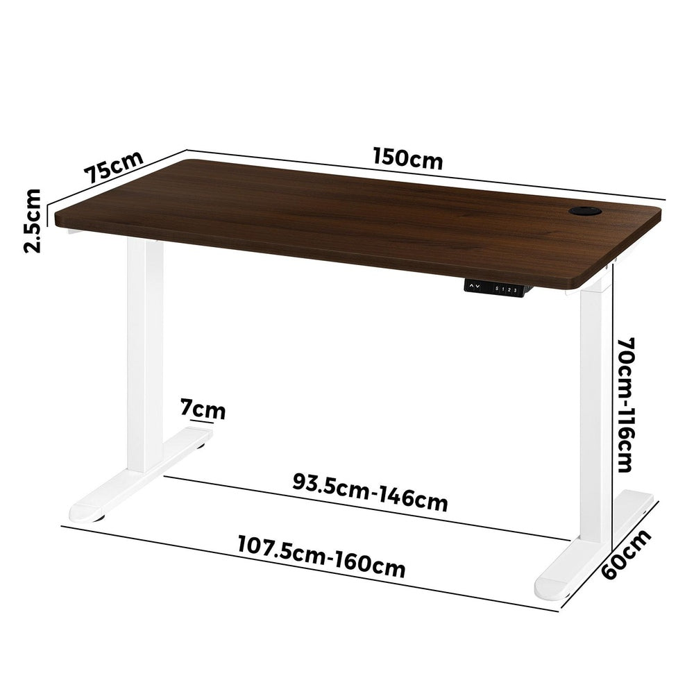 Oikiture Standing Desk Electric Height Adjustable Motorised Sit Stand Desk Rise - White/Walnut - 1500mm x 750mm-Office Desks-PEROZ Accessories