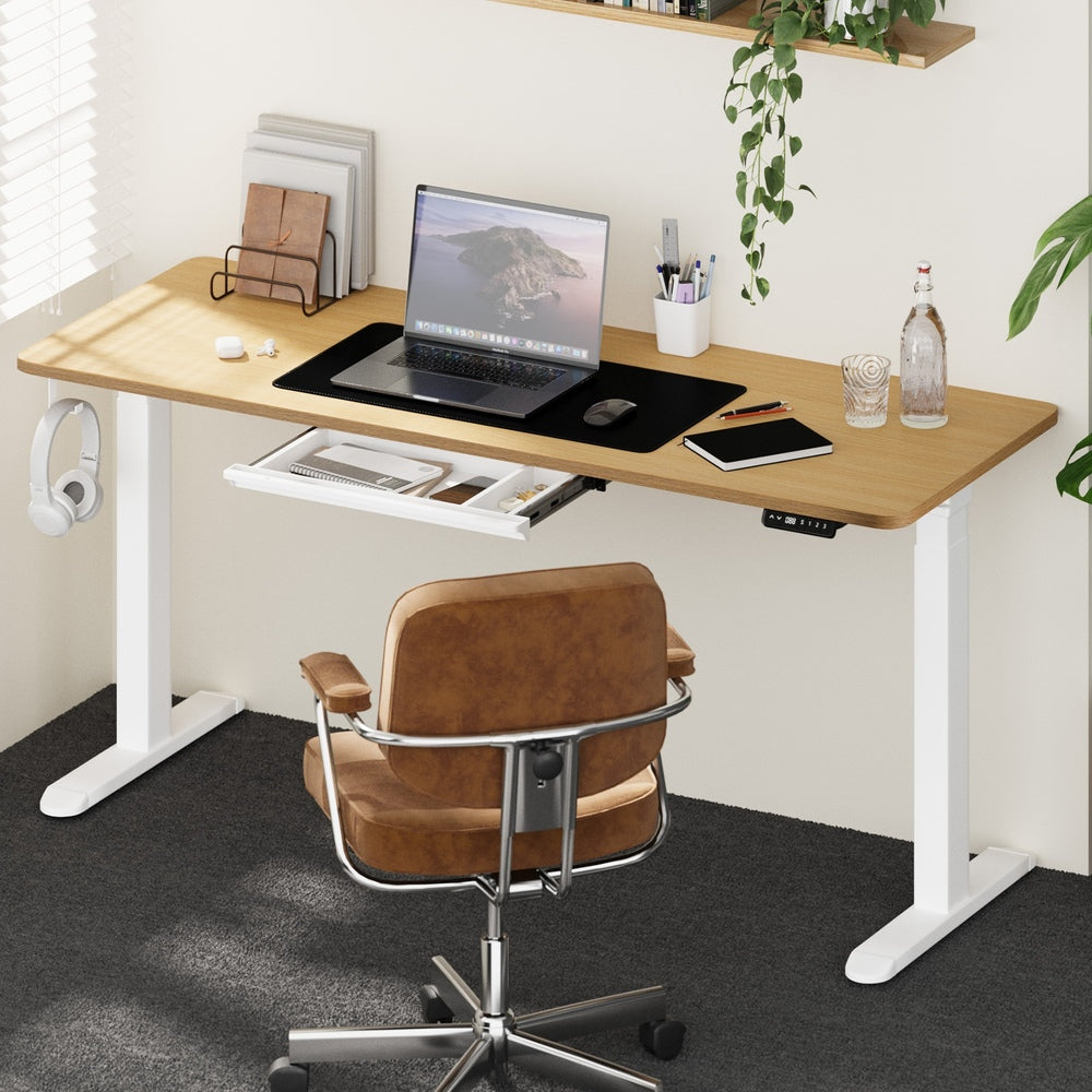 Oikiture 160cm Electric Standing Desk with Drawer Adjustable White Oak-Standing Desk-PEROZ Accessories