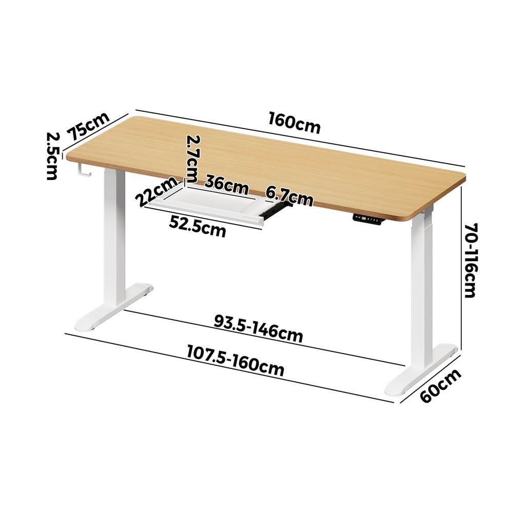Oikiture 160cm Electric Standing Desk with Drawer Adjustable White Oak-Standing Desk-PEROZ Accessories