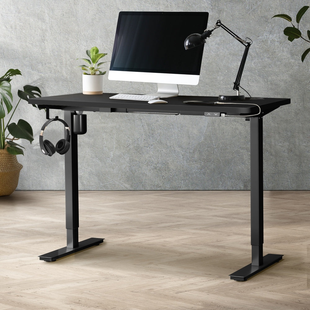 Oikiture Electric Standing Desk Single Motor Height Adjustable Sit Stand Table - Black/Black - 1200mm x 600mm-Office Desks-PEROZ Accessories