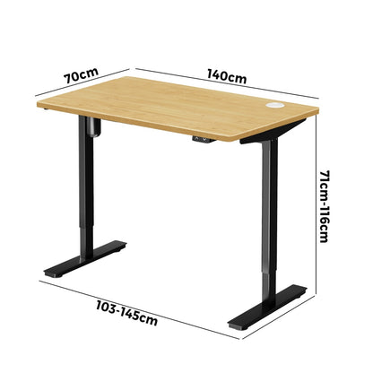 Oikiture Electric Standing Desk Single Motor Height Adjustable Sit Stand Table - Black/Oak - 1400mm x 700mm-Office Desks-PEROZ Accessories
