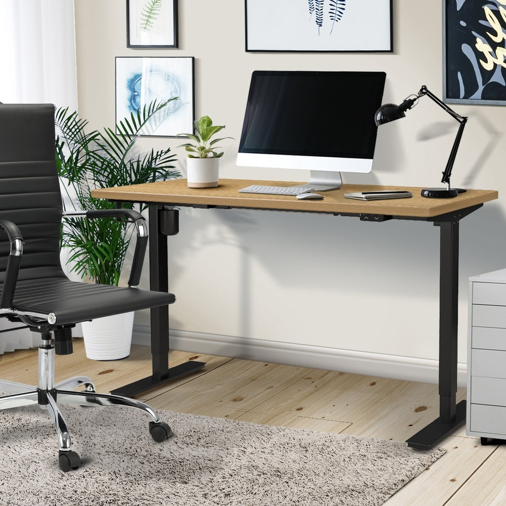 Oikiture Electric Standing Desk Single Motor Height Adjustable Sit Stand Table - Black/Oak - 1400mm x 700mm-Office Desks-PEROZ Accessories