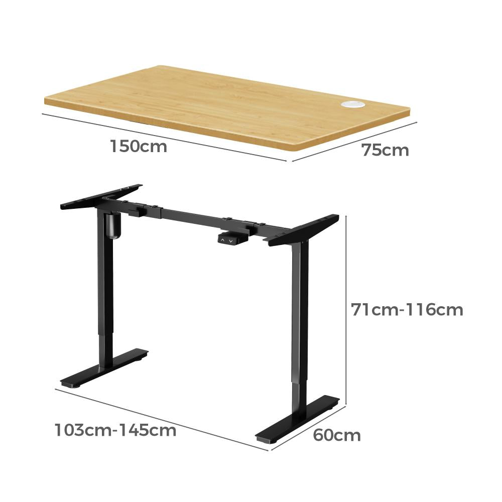 Oikiture Electric Standing Desk Single Motor Height Adjustable Sit Stand Table - Black/Oak - 1700mm x 750mm-Standing Desks-PEROZ Accessories