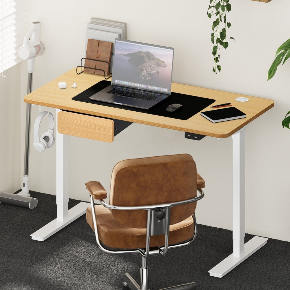 Oikiture 150cm Electric Standing Desk w/ Drawer Adjustable White Oak-Standing Desk-PEROZ Accessories