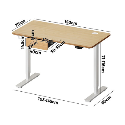 Oikiture 150cm Electric Standing Desk w/ Drawer Adjustable White Oak-Standing Desk-PEROZ Accessories