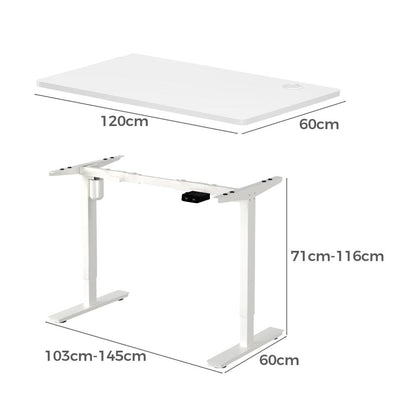 Oikiture Electric Standing Desk Single Motor Height Adjustable Sit Stand Table - White/White - 1200mm x 600mm-Standing Desks-PEROZ Accessories