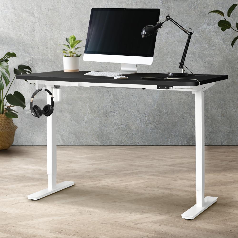 Oikiture Electric Standing Desk Single Motor Height Adjustable Sit Stand Table - White/Black - 1400mm x 700mm-Standing Desks-PEROZ Accessories