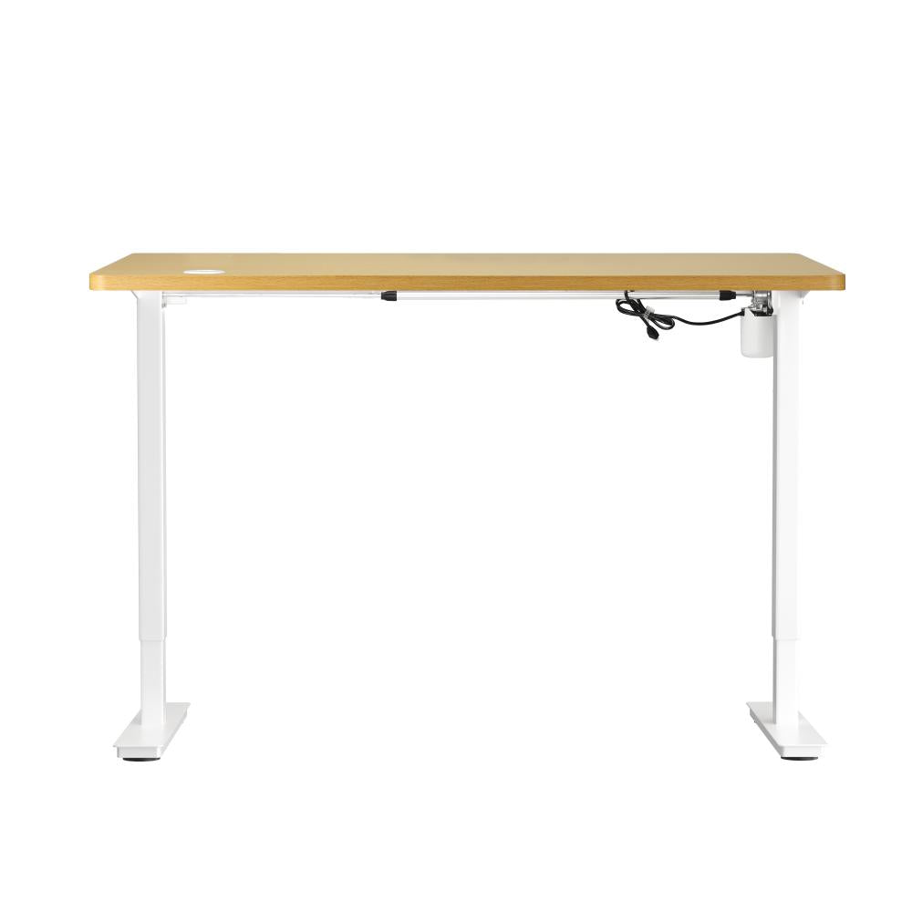Oikiture Electric Standing Desk Single Motor Height Adjustable Sit Stand Table - White/Oak - 1400mm x 700mm-Standing Desks-PEROZ Accessories