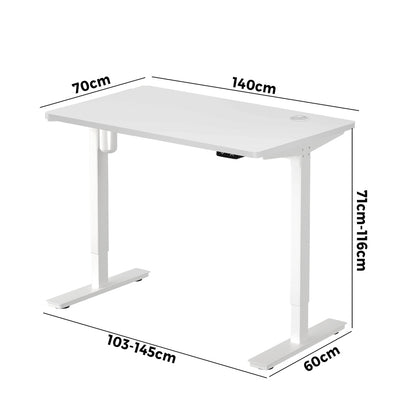 Oikiture Electric Standing Desk Single Motor Height Adjustable Sit Stand Table - White/White - 1400mm x 700mm-Office Desks-PEROZ Accessories
