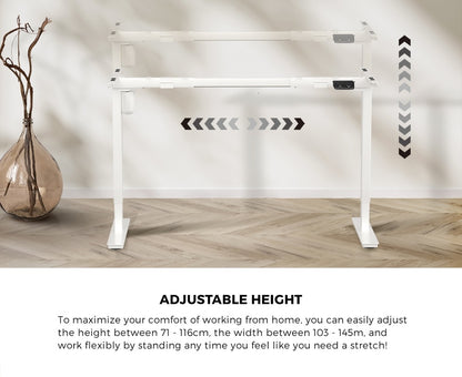 Oikiture Electric Standing Desk Single Motor Height Adjustable Sit Stand Table - White/White - 1400mm x 700mm-Office Desks-PEROZ Accessories