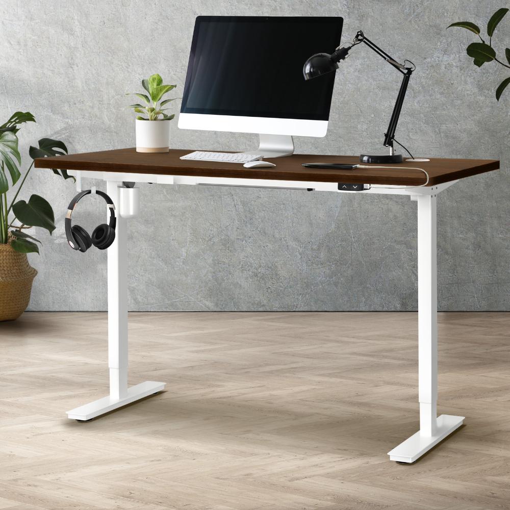 Oikiture Electric Standing Desk Single Motor Height Adjustable Sit Stand Table - White/Walnut - 1400mm x 700mm-Standing Desks-PEROZ Accessories
