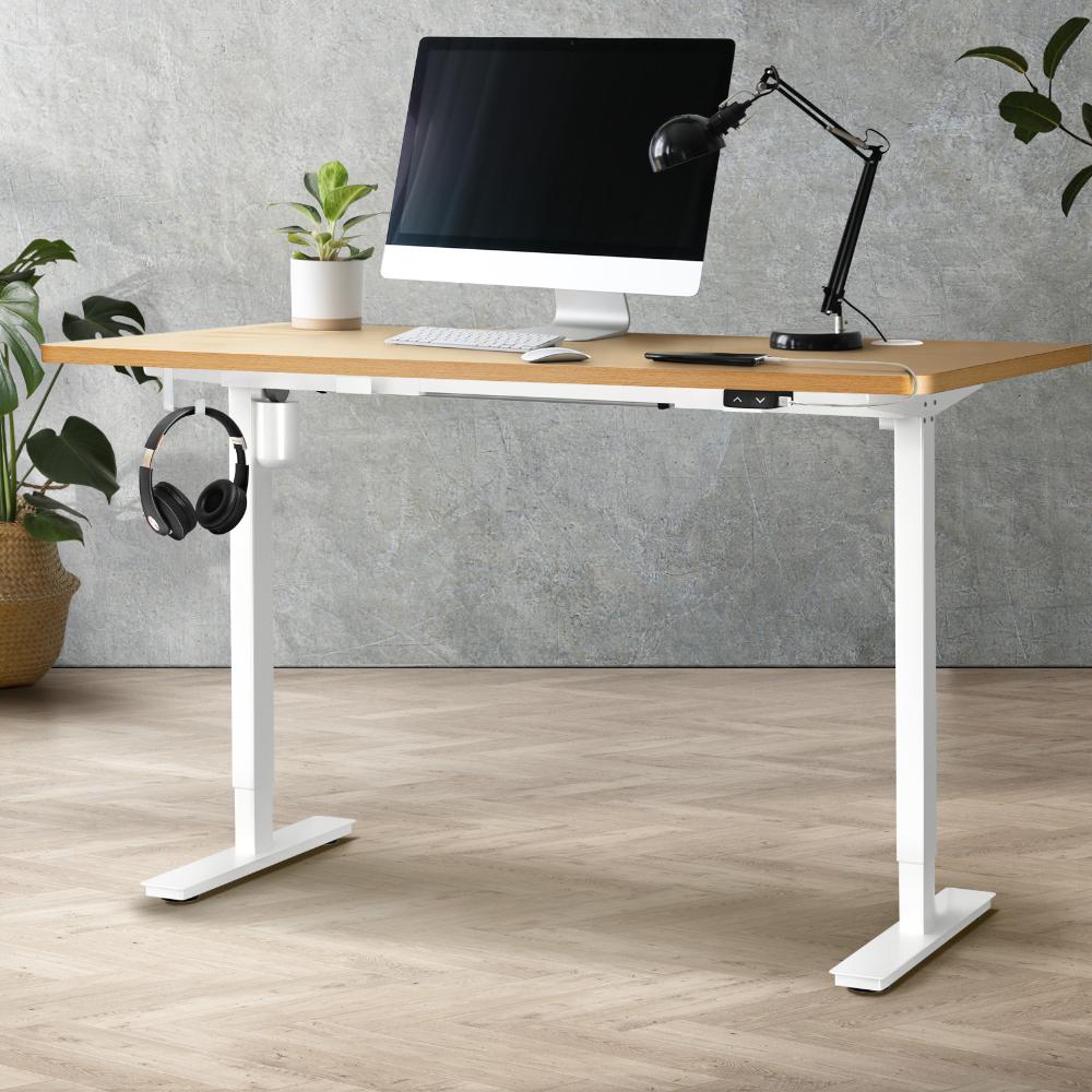 Oikiture Electric Standing Desk Single Motor Height Adjustable Sit Stand Table - White/Oak - 1700mm x 750mm-Standing Desks-PEROZ Accessories