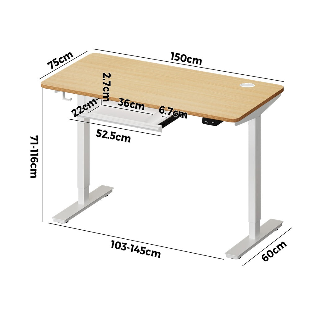 Oikiture 150cm Electric Standing Desk with Drawer Adjustable White &amp; Oak-Standing Desk-PEROZ Accessories