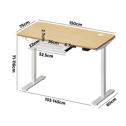 Oikiture 150cm Electric Standing Desk with Drawer Adjustable White &amp; Oak-Standing Desk-PEROZ Accessories