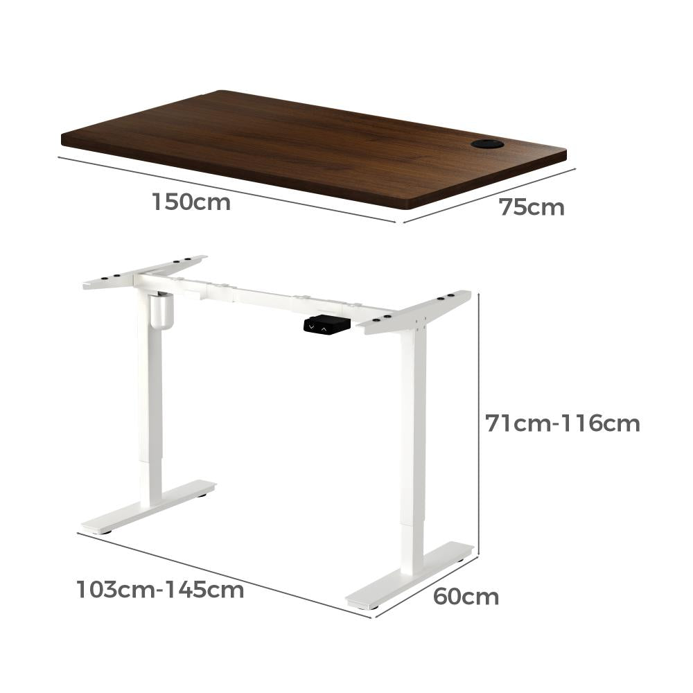 Oikiture Electric Standing Desk Single Motor Height Adjustable Sit Stand Table - White/Walnut - 1700mm x 750mm-Standing Desks-PEROZ Accessories