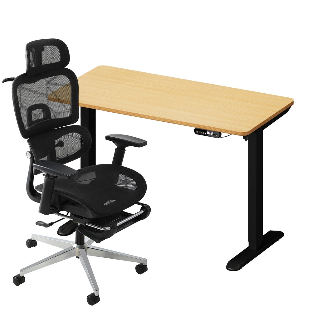 Oikiture Office Desk and Chair Set Mesh Ergonomic Chair Sit-stand Desk Black &amp; Oak-Office Set-PEROZ Accessories