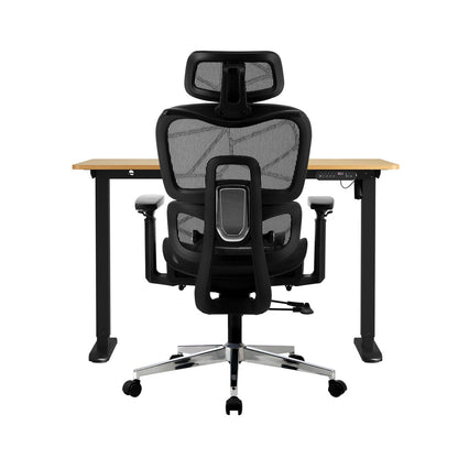 Oikiture Office Desk and Chair Set Mesh Ergonomic Chair Sit-stand Desk Black &amp; Oak-Office Set-PEROZ Accessories