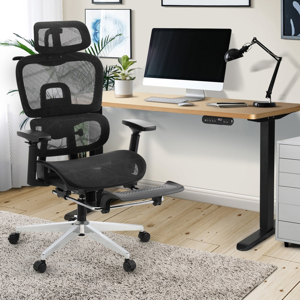 Oikiture Office Desk and Chair Set Mesh Ergonomic Chair Sit-stand Desk Black &amp; Oak-Office Set-PEROZ Accessories