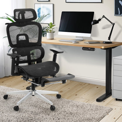 Oikiture Office Desk and Chair Set Mesh Ergonomic Chair Sit-stand Desk Black &amp; Oak-Office Set-PEROZ Accessories