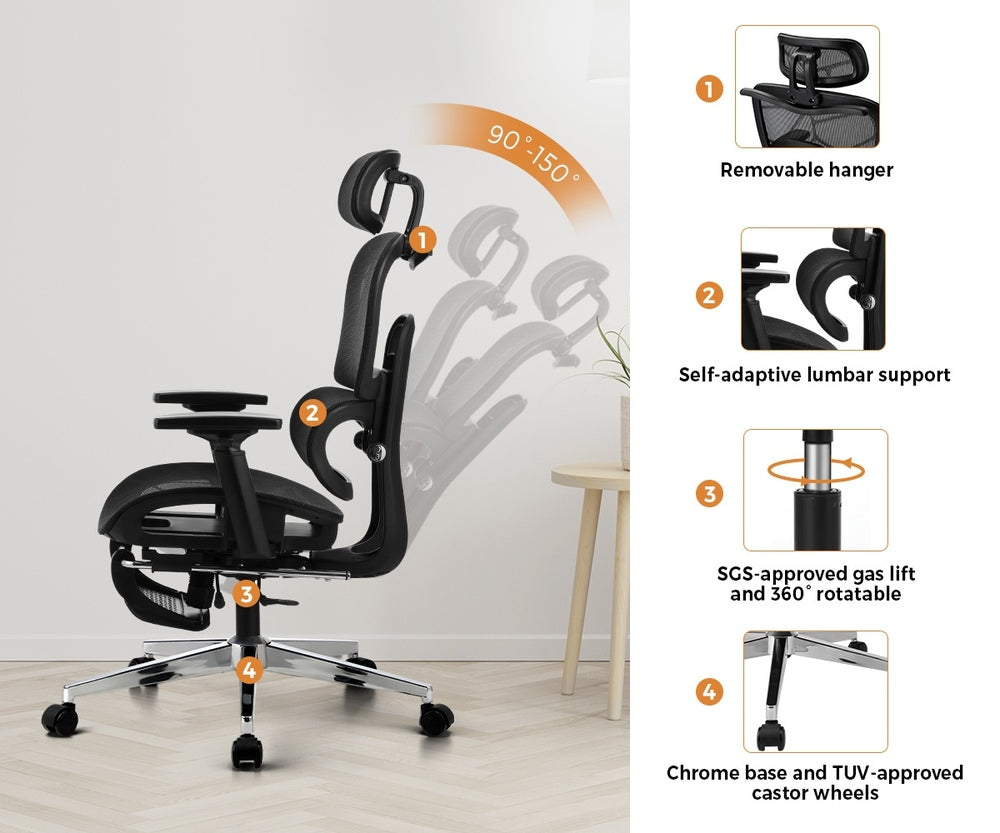 Oikiture Office Desk and Chair Set Mesh Ergonomic Chair Sit-stand Desk Black &amp; Oak-Office Set-PEROZ Accessories