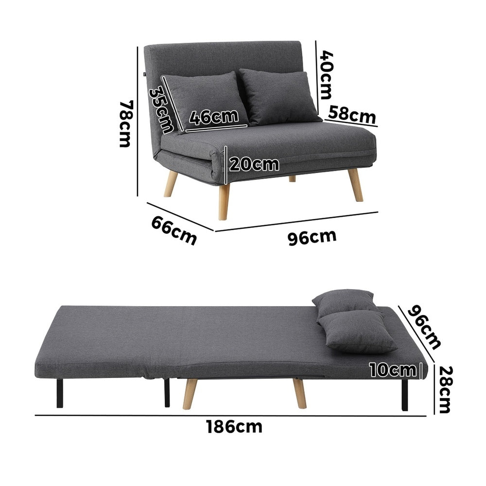 Oikiture Lounge Sofa Bed Linen Fabric Double Seat Grey-Folding Sofa Lounge-PEROZ Accessories