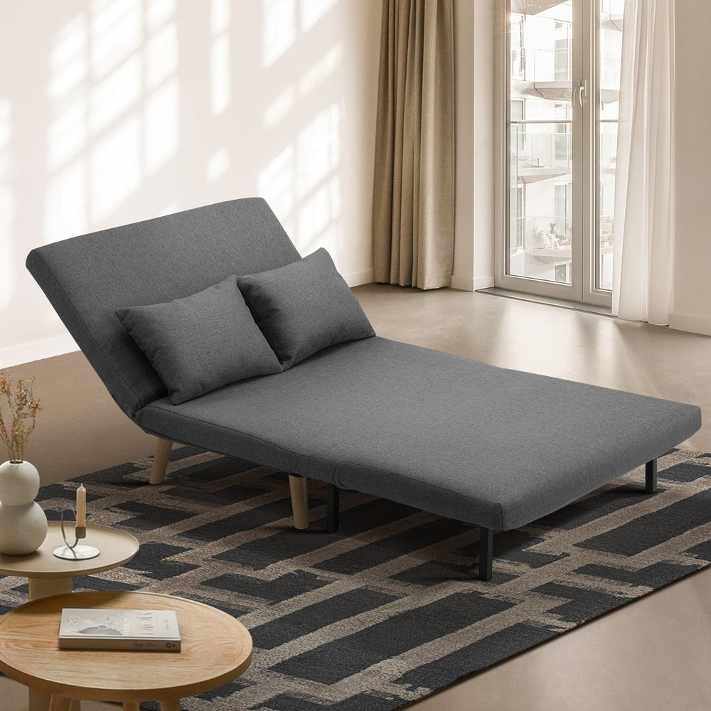 Oikiture Lounge Sofa Bed Linen Fabric Double Seat Grey-Folding Sofa Lounge-PEROZ Accessories