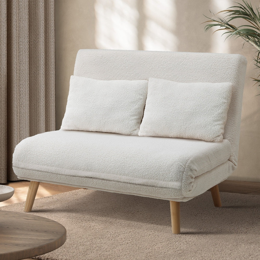 Oikiture Lounge Sofa Bed Sherpa Fabric Double Seat White-Folding Sofa Lounge-PEROZ Accessories