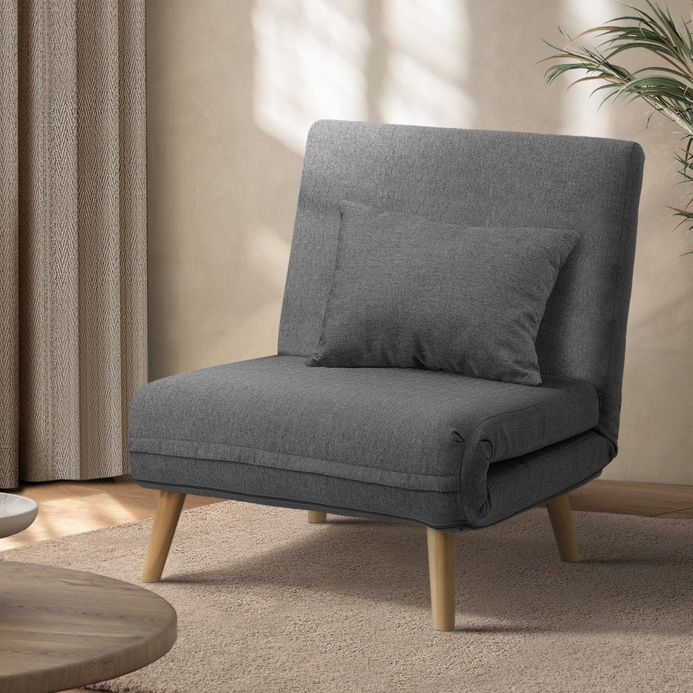 Oikiture Lounge Sofa Bed Linen Fabric Single Seat Grey-Folding Sofa Lounge-PEROZ Accessories