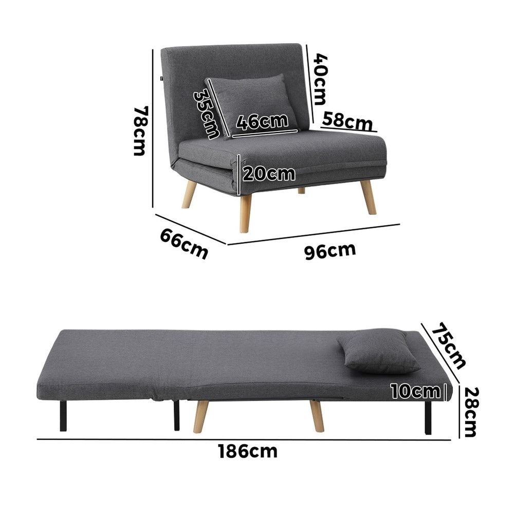 Oikiture Lounge Sofa Bed Linen Fabric Single Seat Grey-Folding Sofa Lounge-PEROZ Accessories