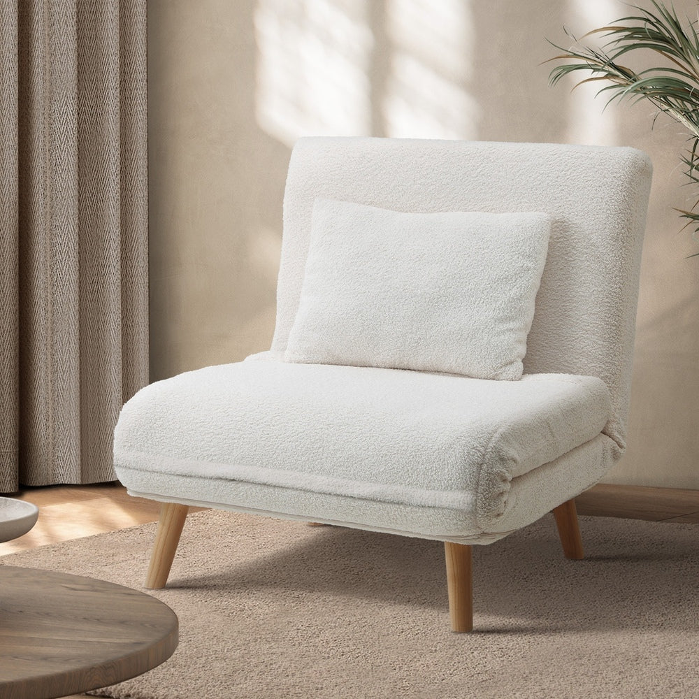 Oikiture Lounge Sofa Bed Sherpa Fabric Single Seat White-Folding Sofa Lounge-PEROZ Accessories