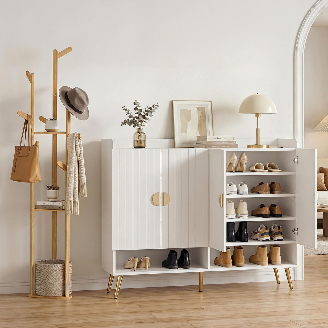 Artiss Shoe Rack Cabinet &amp; Clothes Rack Set Storage Shelf White Pine-Furniture > Living Room > Shoe Storage-PEROZ Accessories