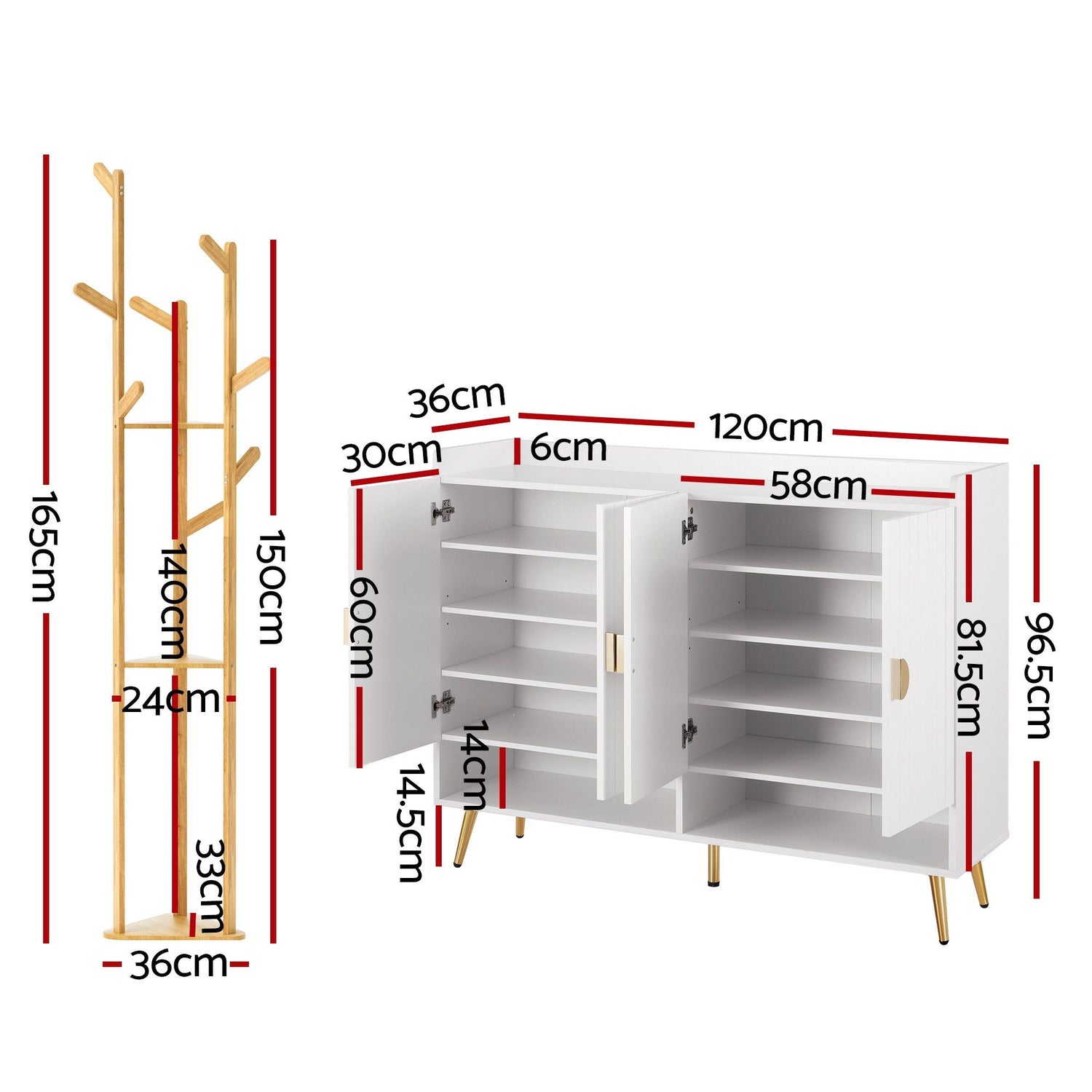 Artiss Shoe Rack Cabinet &amp; Clothes Rack Set Storage Shelf White Pine-Furniture > Living Room > Shoe Storage-PEROZ Accessories
