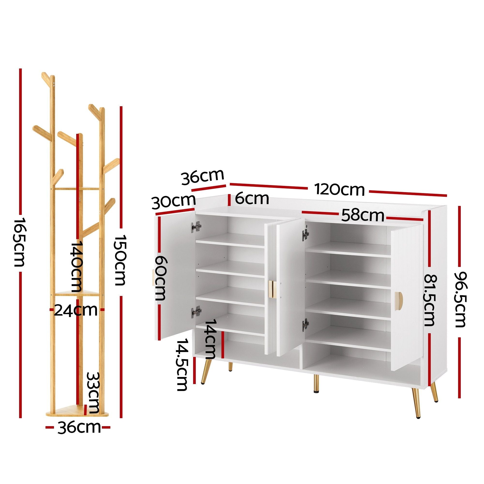Artiss Shoe Rack Cabinet &amp; Clothes Rack Set Storage Shelf White Pine-Furniture > Living Room > Shoe Storage-PEROZ Accessories