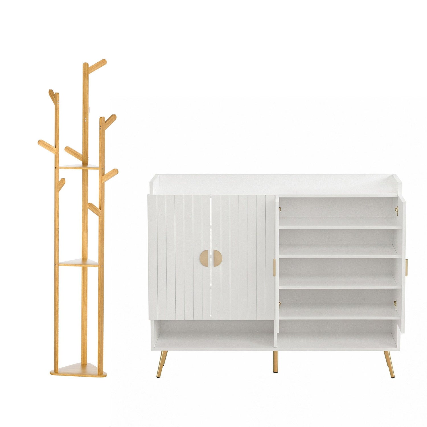 Artiss Shoe Rack Cabinet &amp; Clothes Rack Set Storage Shelf White Pine-Furniture > Living Room > Shoe Storage-PEROZ Accessories