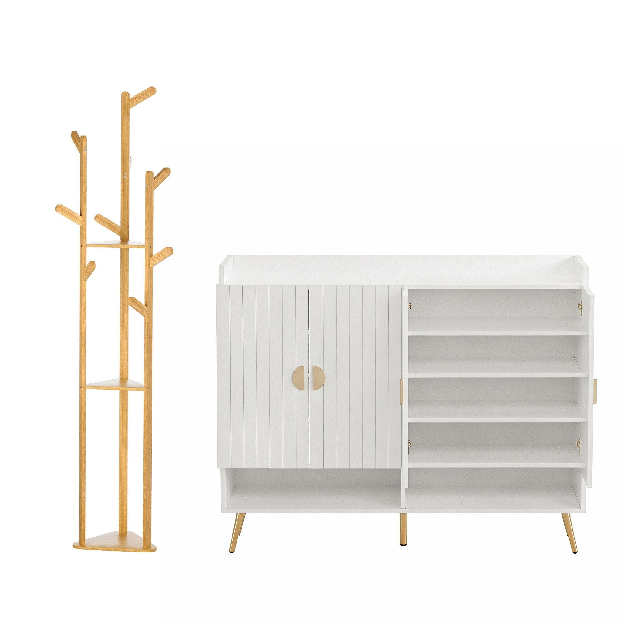 Artiss Shoe Rack Cabinet &amp; Clothes Rack Set Storage Shelf White Pine-Furniture > Living Room > Shoe Storage-PEROZ Accessories