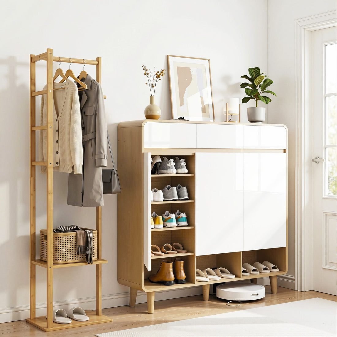 Artiss Shoe Rack Cabinet Wooden &amp; Bamboo Clothes Rack Set Storage Shelf White Pine-Furniture > Living Room > Shoe Storage-PEROZ Accessories