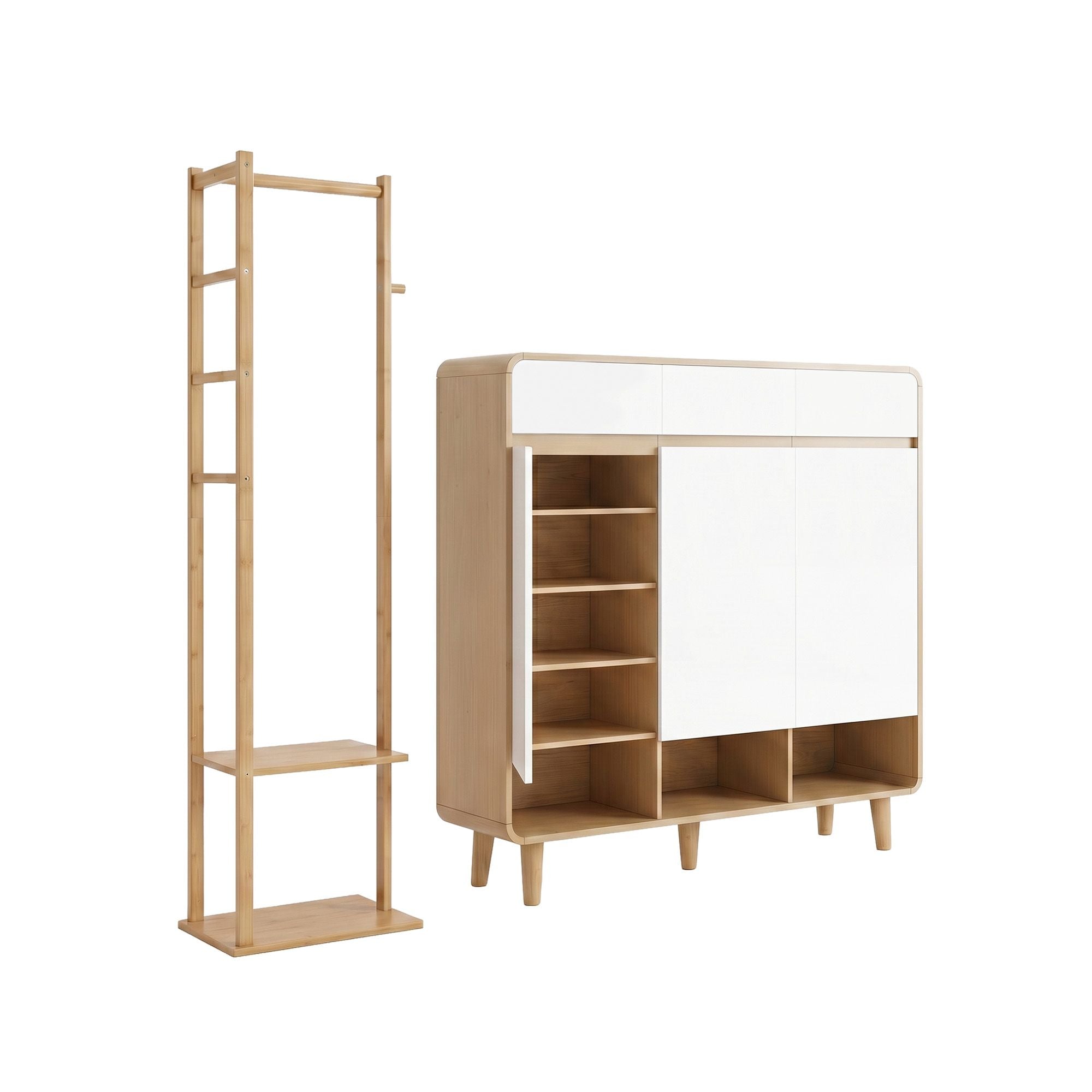 Artiss Shoe Rack Cabinet Wooden &amp; Bamboo Clothes Rack Set Storage Shelf White Pine-Furniture > Living Room > Shoe Storage-PEROZ Accessories