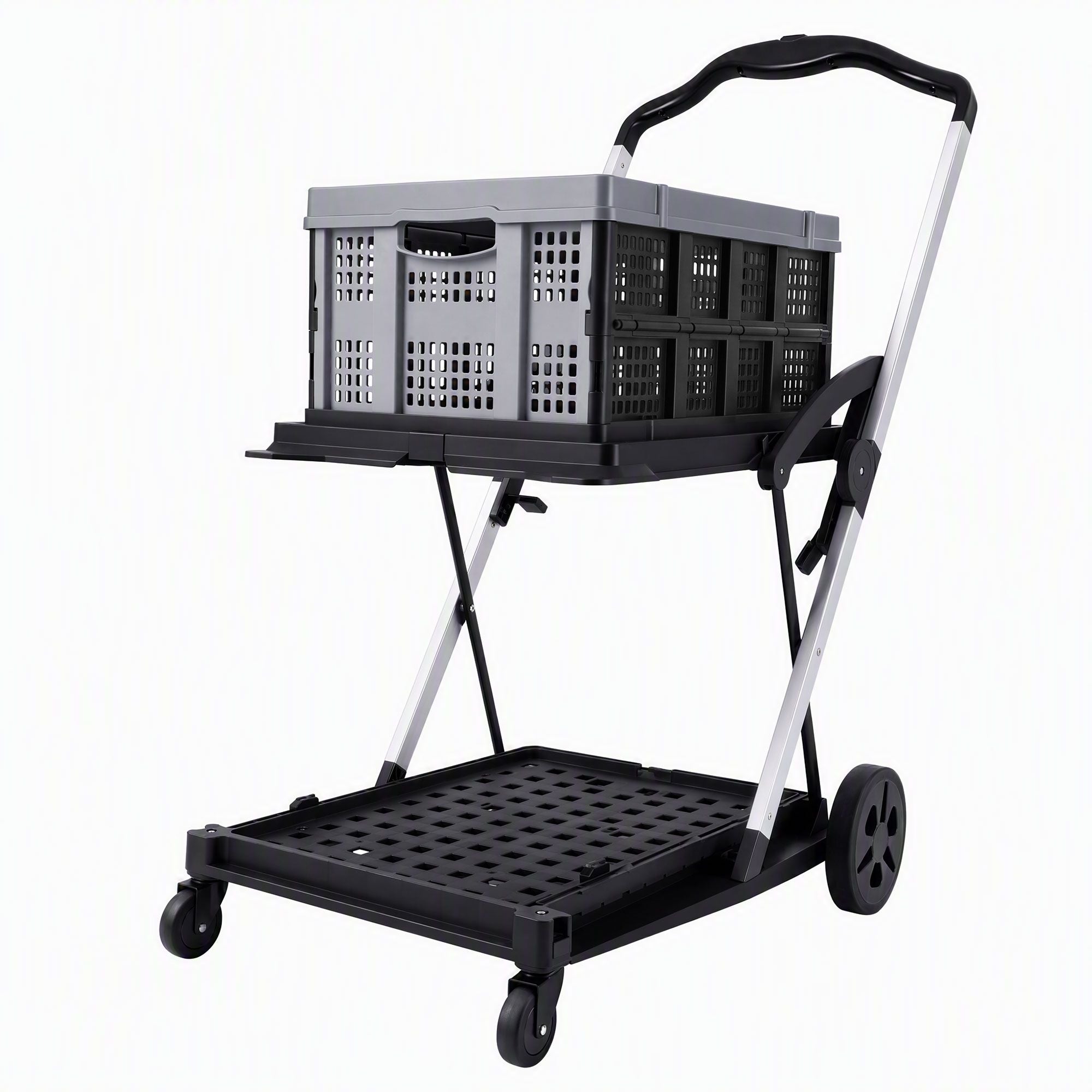Artiss Shopping Trolley with Wheels 2 Layer w/1 Crate Foldable Trolley Grey