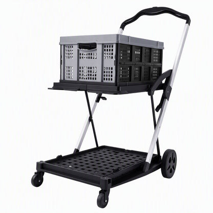 Artiss Shopping Trolley with Wheels 2 Layer w/1 Crate Foldable Trolley Grey