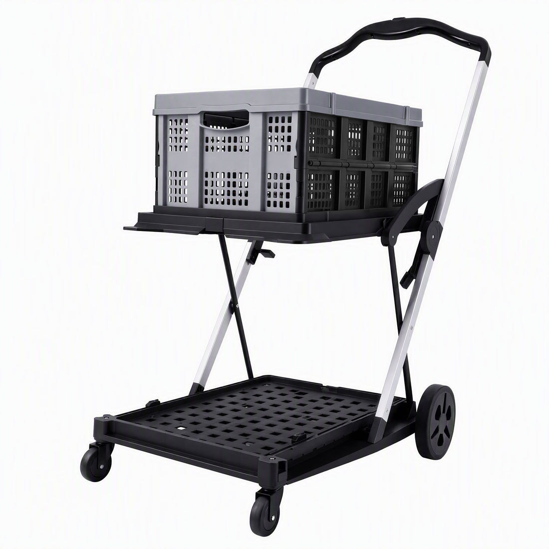 Artiss Shopping Trolley with Wheels 2 Layer w/1 Crate Foldable Trolley Grey-Tools > Tools Storage > Utility Trolleys-PEROZ Accessories