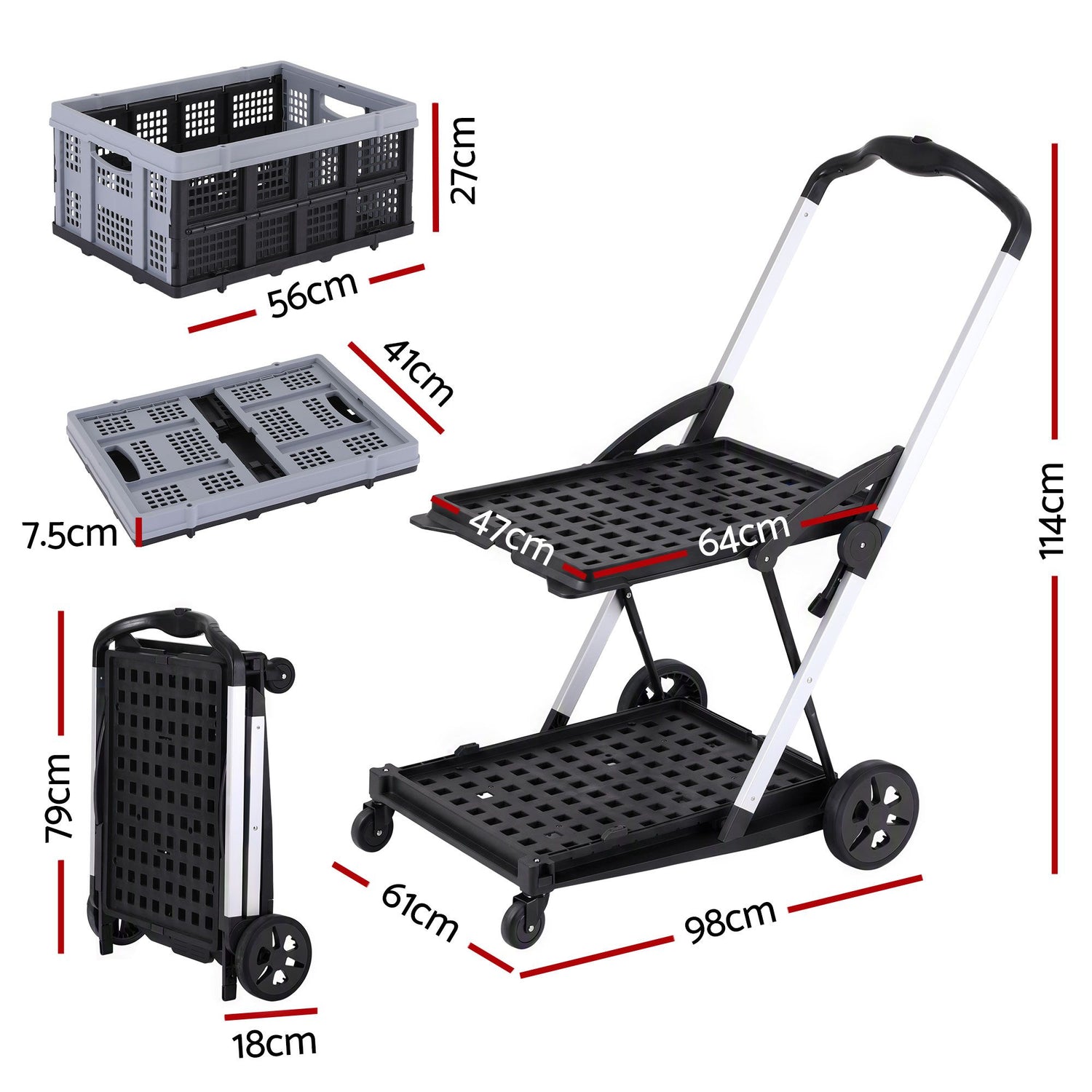 Artiss Shopping Trolley with Wheels 2 Layer w/1 Crate Foldable Trolley Grey