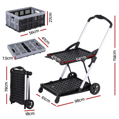 Artiss Shopping Trolley with Wheels 2 Layer w/1 Crate Foldable Trolley Grey
