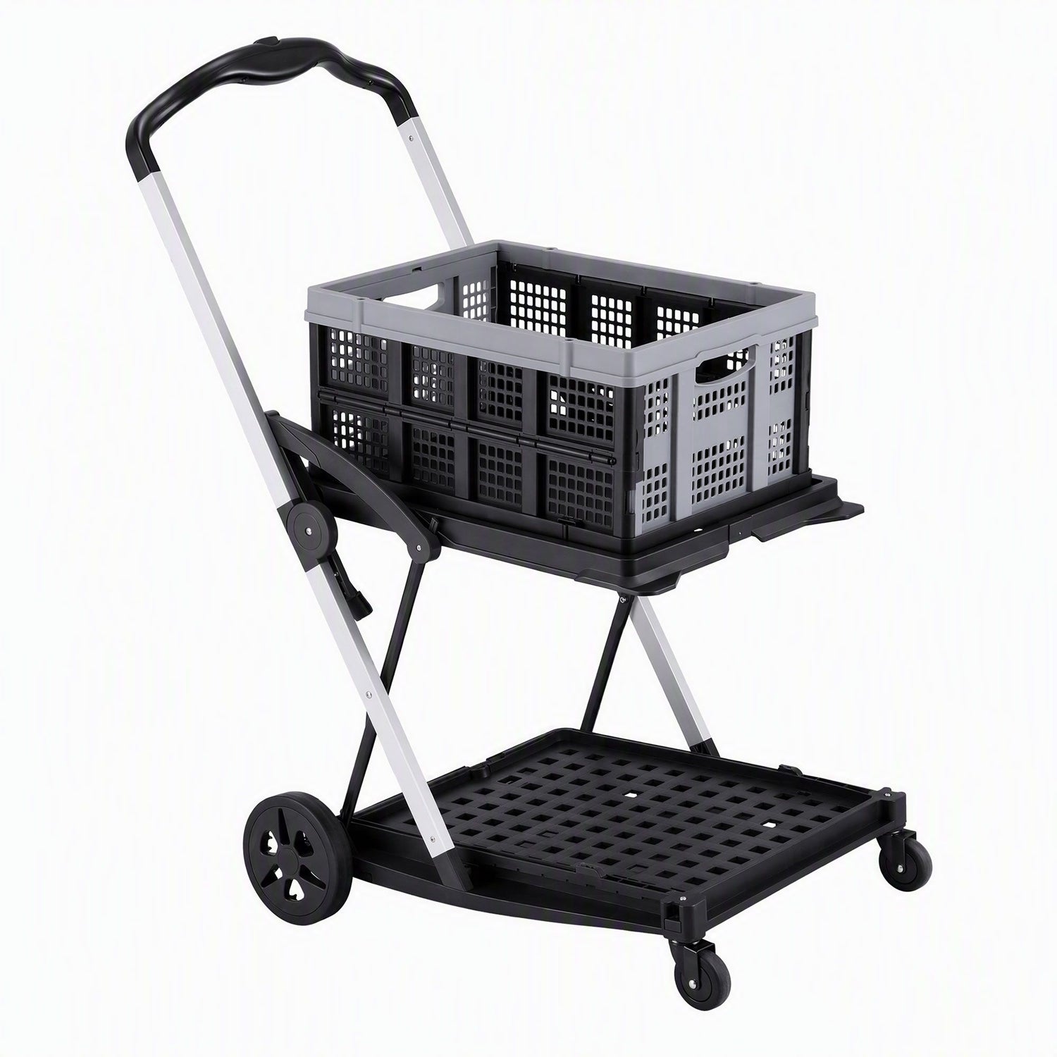 Artiss Shopping Trolley with Wheels 2 Layer w/1 Crate Foldable Trolley Grey