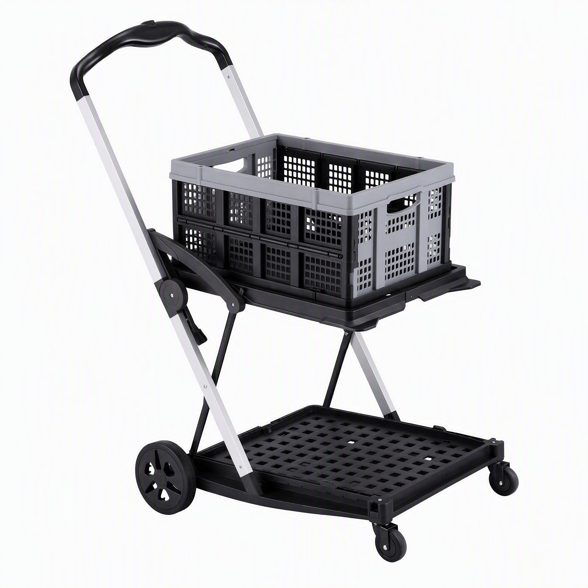 Artiss Shopping Trolley with Wheels 2 Layer w/1 Crate Foldable Trolley Grey